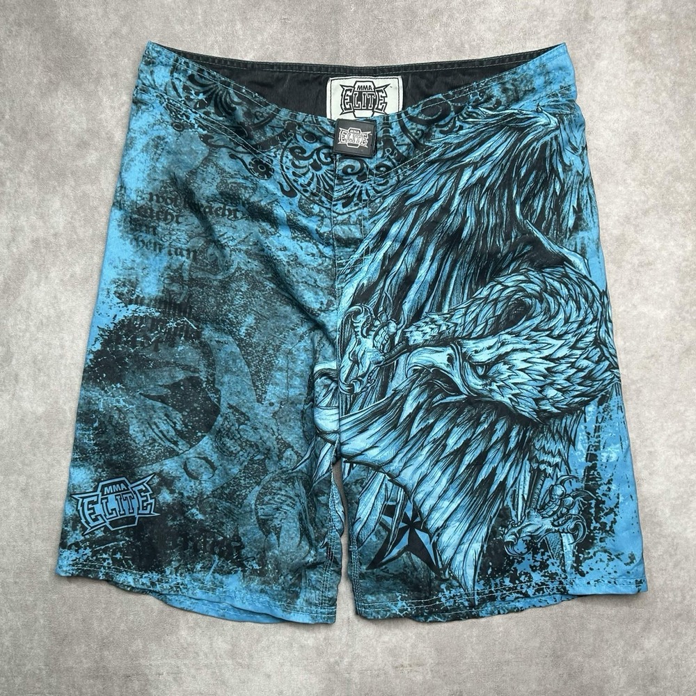 MMA Elite Shorts Men's 36 Large Blue Eagle Graphic Board Shorts Drawstring